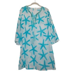 Debbie Katz Starfish Print Beach Tunic Dress Swimsuit Cover Up Cotton Sheer XL